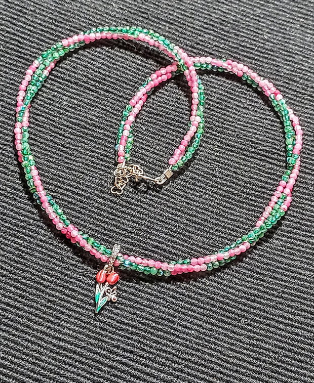 Colier argint X3 turmalina roz labradorit verde charm argint emailat lalea fluture minimalist boho chic trendy - Transport gratuit