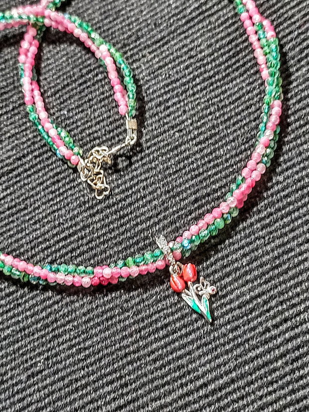 Colier argint X3 turmalina roz labradorit verde charm argint emailat lalea fluture minimalist boho chic trendy - Transport gratuit