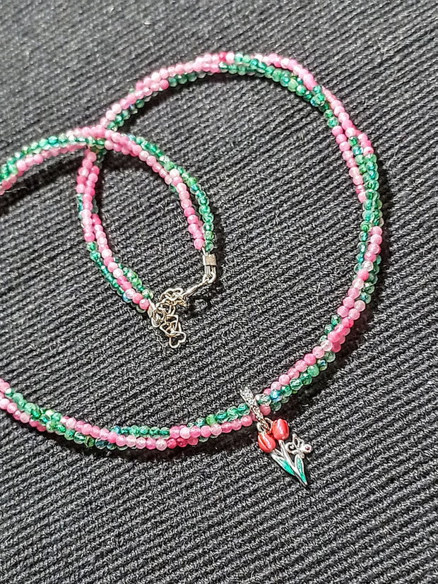 Colier argint X3 turmalina roz labradorit verde charm argint emailat lalea fluture minimalist boho chic trendy - Transport gratuit
