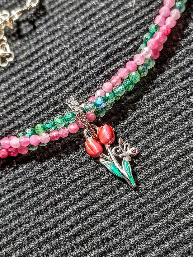 Colier argint X3 turmalina roz labradorit verde charm argint emailat lalea fluture minimalist boho chic trendy - Transport gratuit