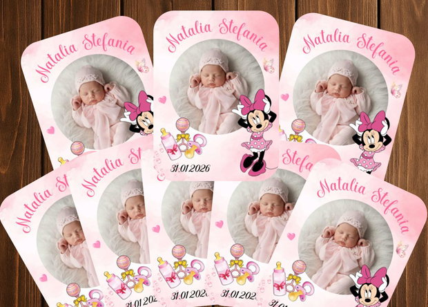 Mărturii botez fetițe- magneți personalizați cu fotografie și Minnie mouse