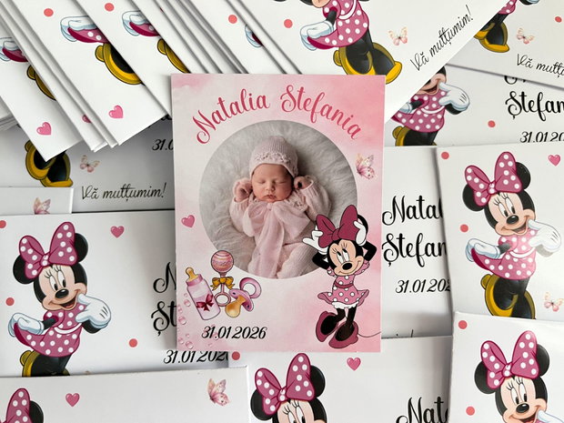 Mărturii botez fetițe- magneți personalizați cu fotografie și Minnie mouse
