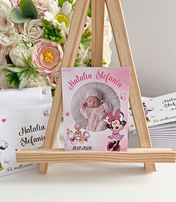 Mărturii botez fetițe- magneți personalizați cu fotografie și Minnie mouse