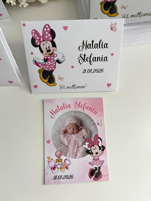 Mărturii botez fetițe- magneți personalizați cu fotografie și Minnie mouse