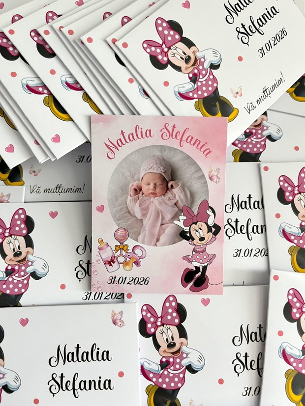 Mărturii botez fetițe- magneți personalizați cu fotografie și Minnie mouse