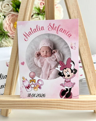 Mărturii botez fetițe- magneți personalizați cu fotografie și Minnie mouse