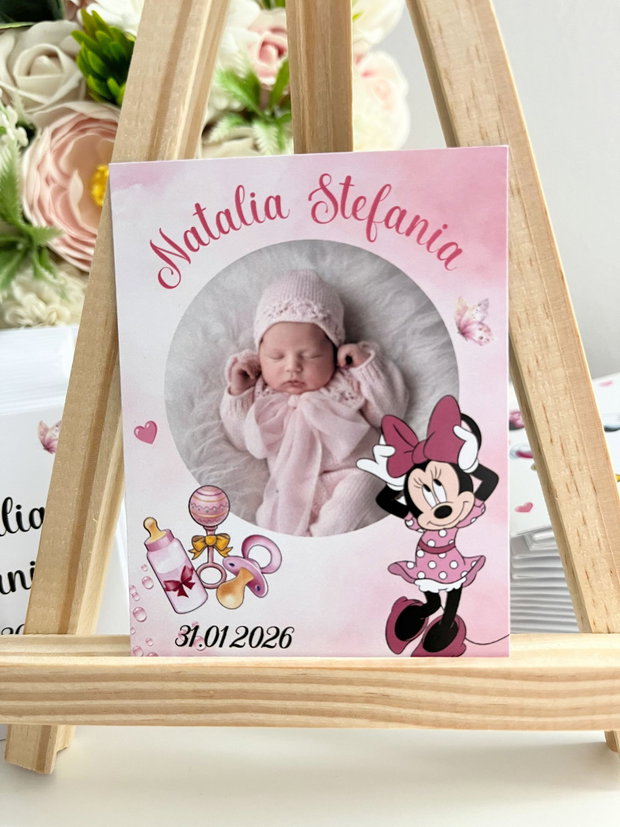 Mărturii botez fetițe- magneți personalizați cu fotografie și Minnie mouse