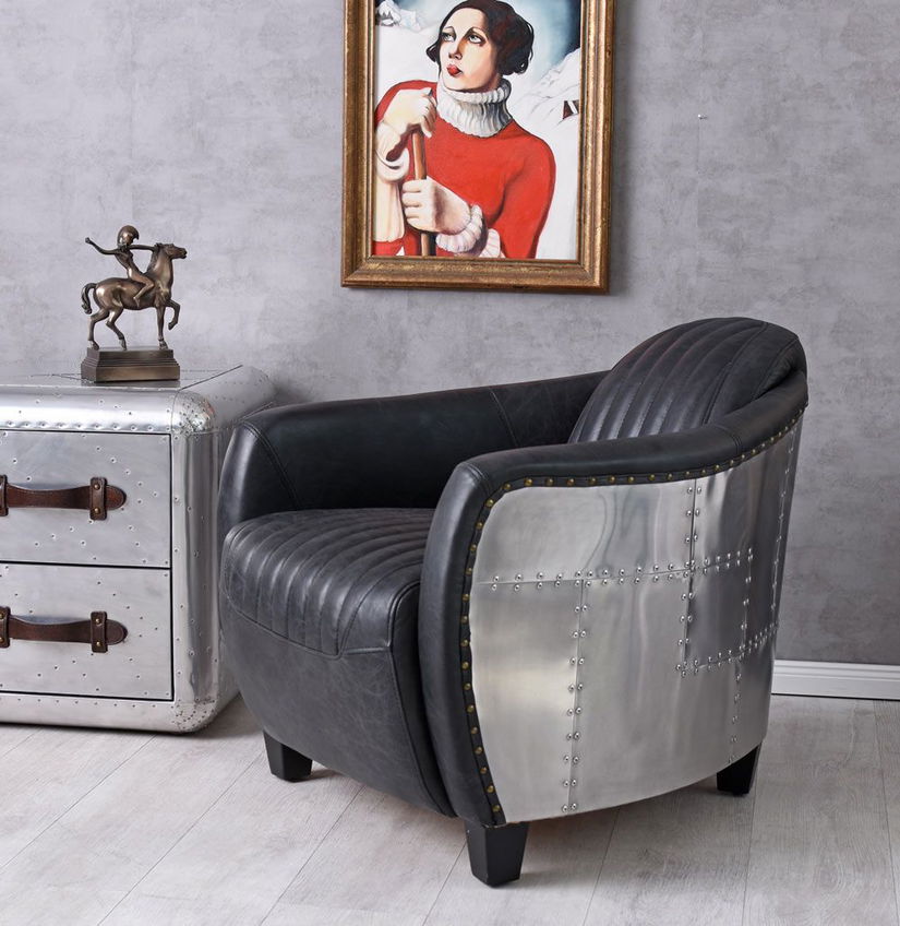 Fotoliu industrial din metal cu tapiterie piele vacaFotoliu industrial din metal cu tapiterie piele vaca