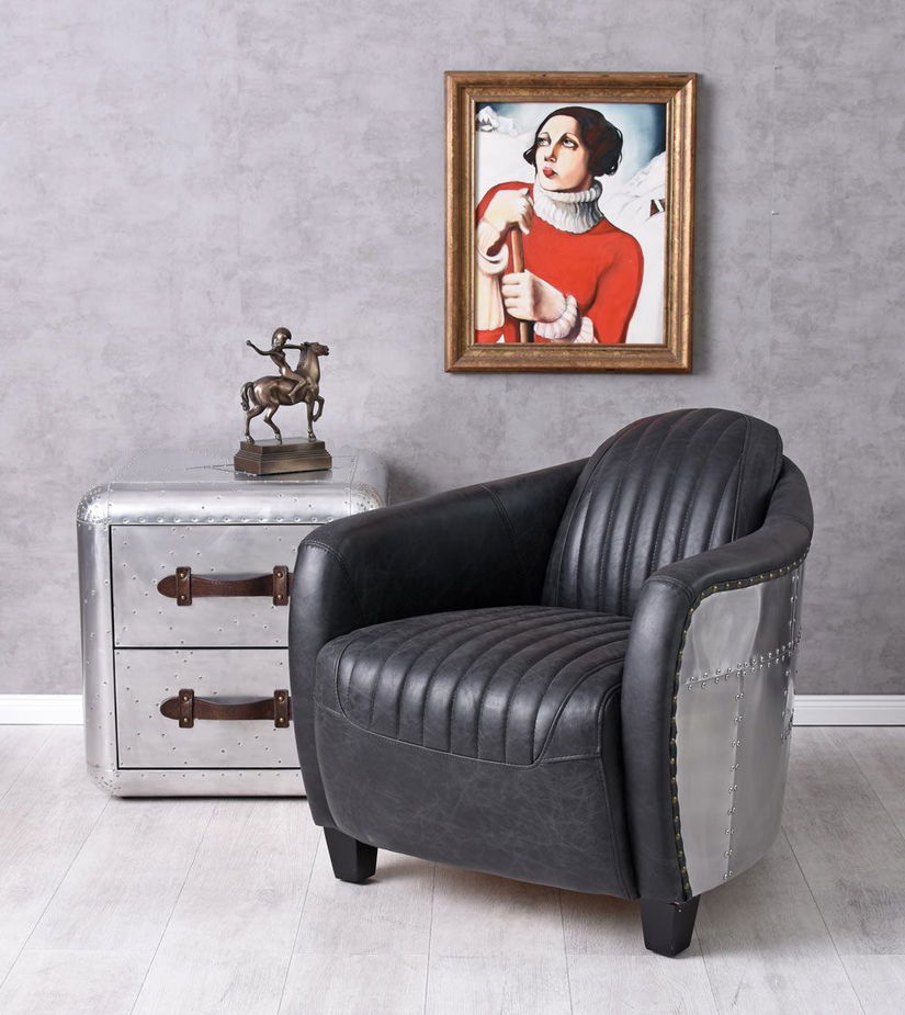 Fotoliu industrial din metal cu tapiterie piele vacaFotoliu industrial din metal cu tapiterie piele vaca