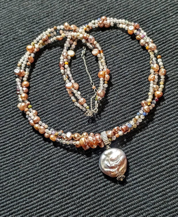 Colier argint X3 mix pietre semipretioase perle naturale de cultura baroc charm minimalist pastel somon violaceu boho chic trendy -Transport gratuit