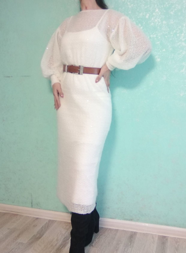 Rochie handmade din tricot cu paiete croială feminină, mâneci bufante
