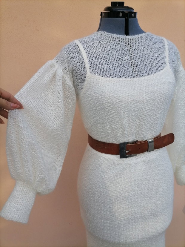 Rochie handmade din tricot cu paiete croială feminină, mâneci bufante