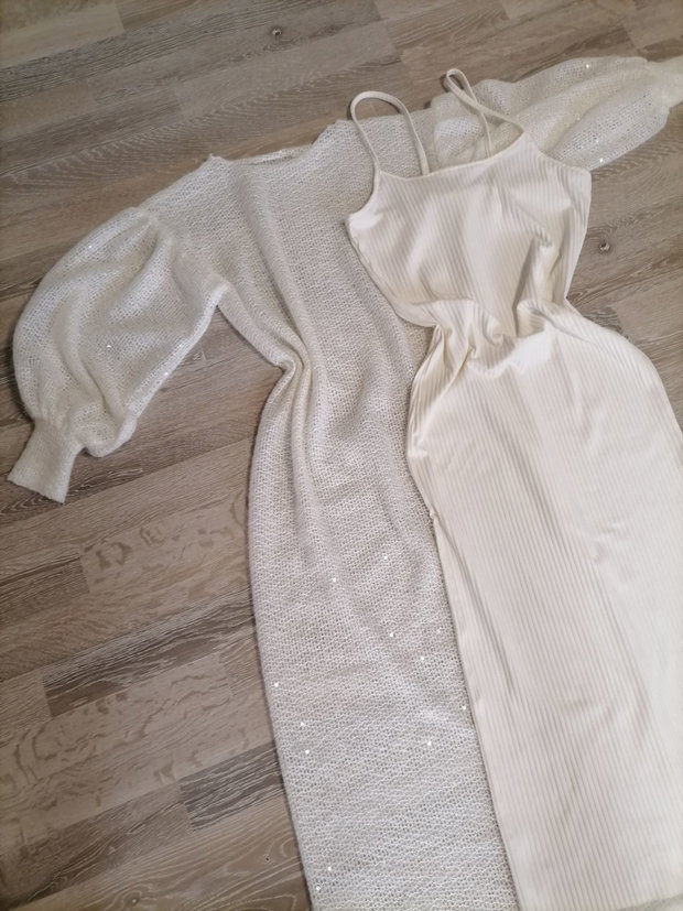 Rochie handmade din tricot cu paiete croială feminină, mâneci bufante