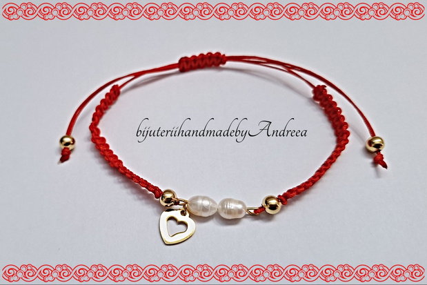 Bratara snur cu perle de cultura si charm inima inox auriu