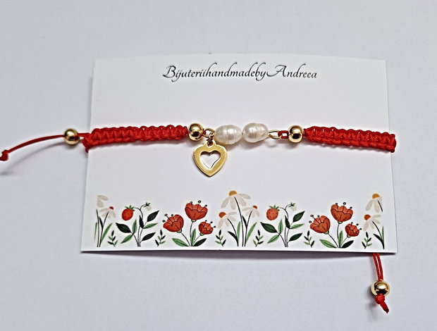 Bratara snur cu perle de cultura si charm inima inox auriu