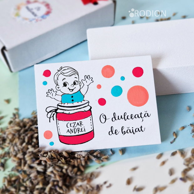 Marturii magneti botez baietel dulceata personalizate cu nume