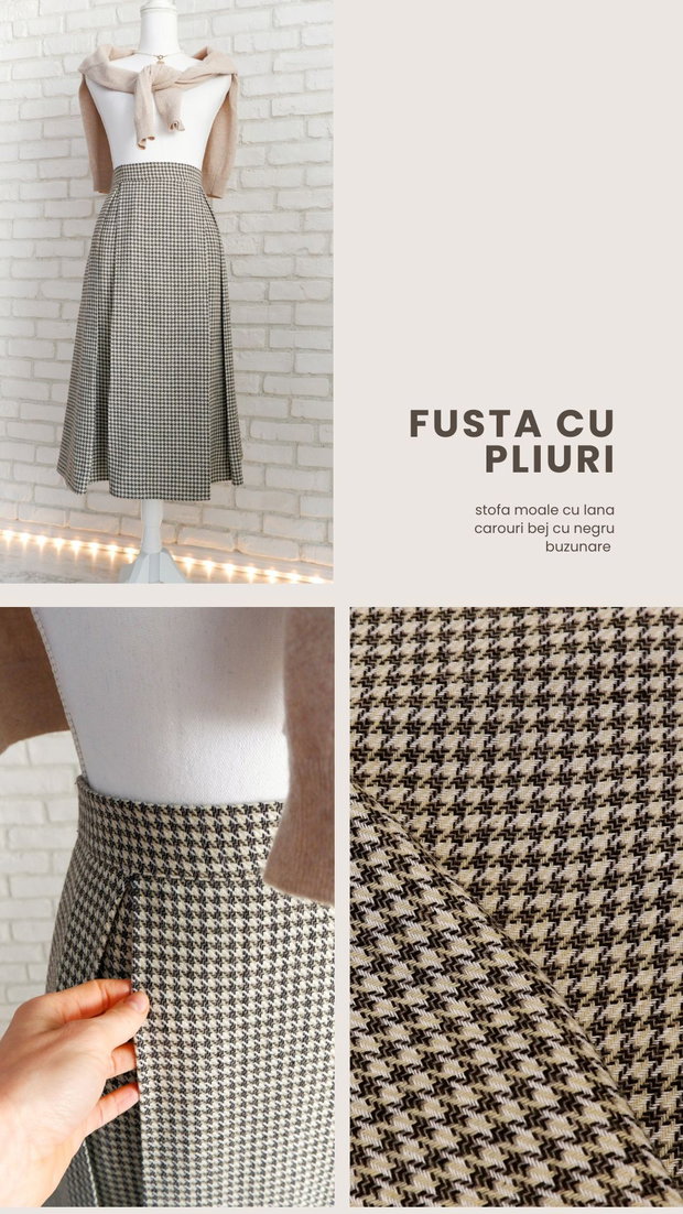 Fusta cu Pliuri Stofa Lana Carouri Bej Negru