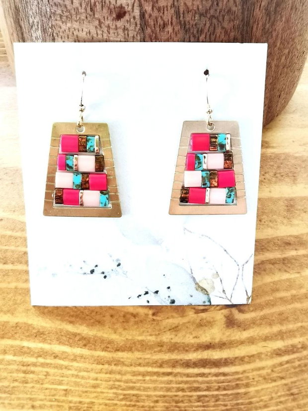 Cercei Mozaic Boho Dangle cu Tila roz si turcoaz tortite placate cu aur 14k