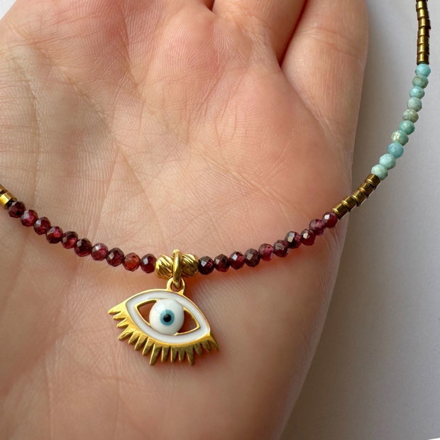 Colier Evil Eye cu granat, turcoaz si hematit - Protectie