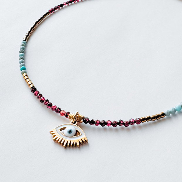 Colier Evil Eye cu granat, turcoaz si hematit - Protectie
