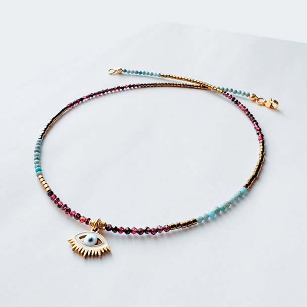 Colier Evil Eye cu granat, turcoaz si hematit - Protectie