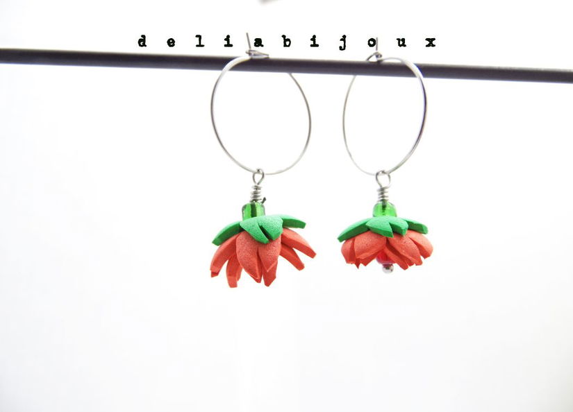 Set Bijuterii Handmade Colier și Cercei cu Flori Roșii (cod1374)