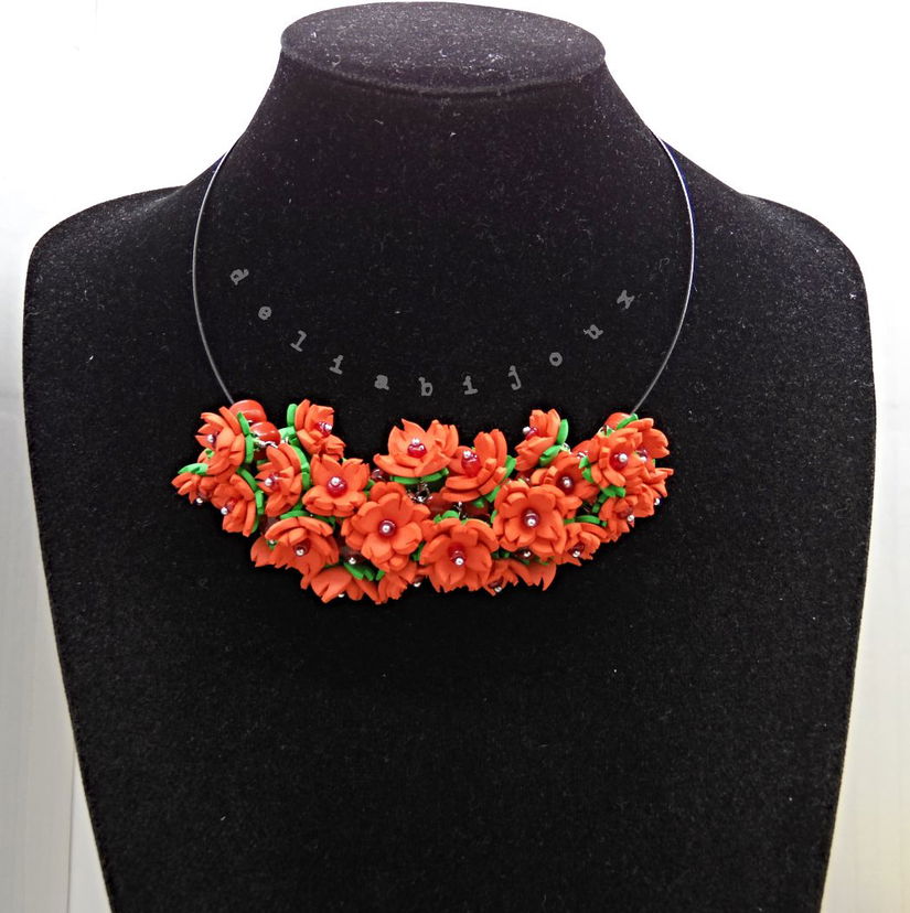 Set Bijuterii Handmade Colier și Cercei cu Flori Roșii (cod1374)