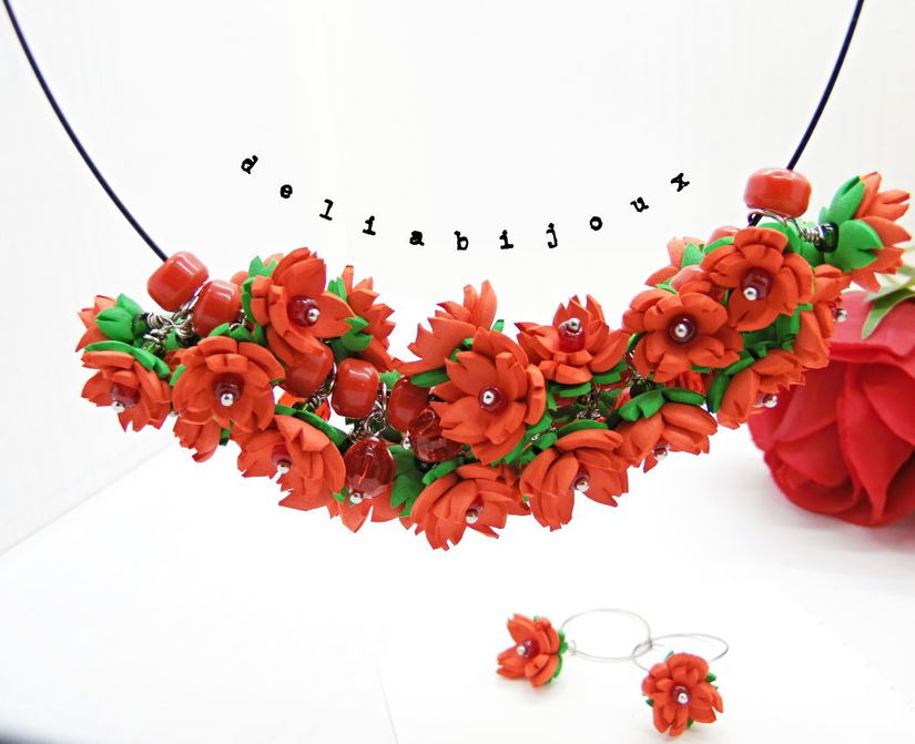 Set Bijuterii Handmade Colier și Cercei cu Flori Roșii (cod1374)