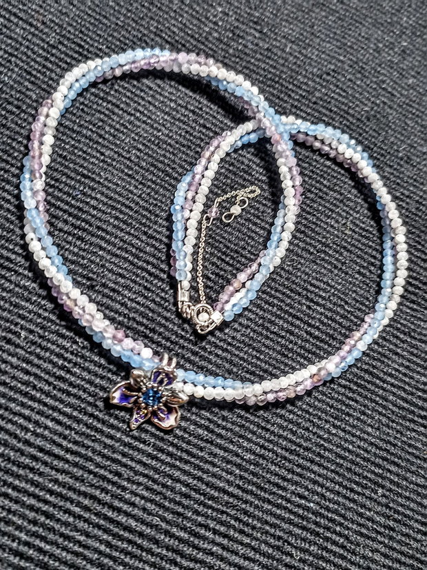 Colier argint X3 acvamarin ametist piatra lunii charm argint emailat zirconii orhidee floare minimalist pastel boho chic trendy - Transport gratuit