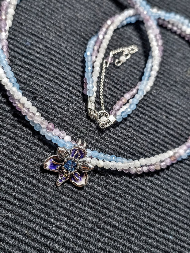 Colier argint X3 acvamarin ametist piatra lunii charm argint emailat zirconii orhidee floare minimalist pastel boho chic trendy - Transport gratuit