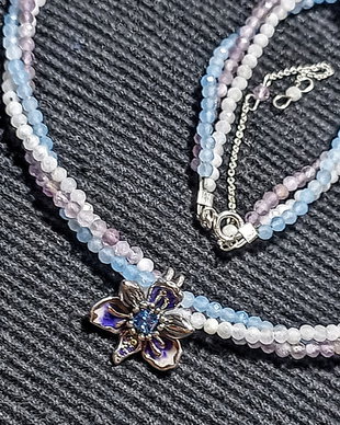 Colier argint X3 acvamarin ametist piatra lunii charm argint emailat zirconii orhidee floare minimalist pastel boho chic trendy - Transport gratuit