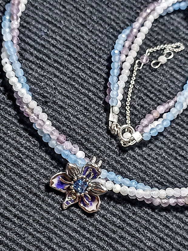 Colier argint X3 acvamarin ametist piatra lunii charm argint emailat zirconii orhidee floare minimalist pastel boho chic trendy - Transport gratuit