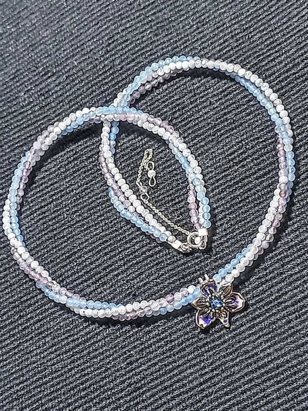 Colier argint X3 acvamarin ametist piatra lunii charm argint emailat zirconii orhidee floare minimalist pastel boho chic trendy - Transport gratuit
