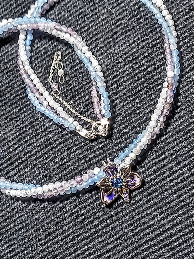 Colier argint X3 acvamarin ametist piatra lunii charm argint emailat zirconii orhidee floare minimalist pastel boho chic trendy - Transport gratuit