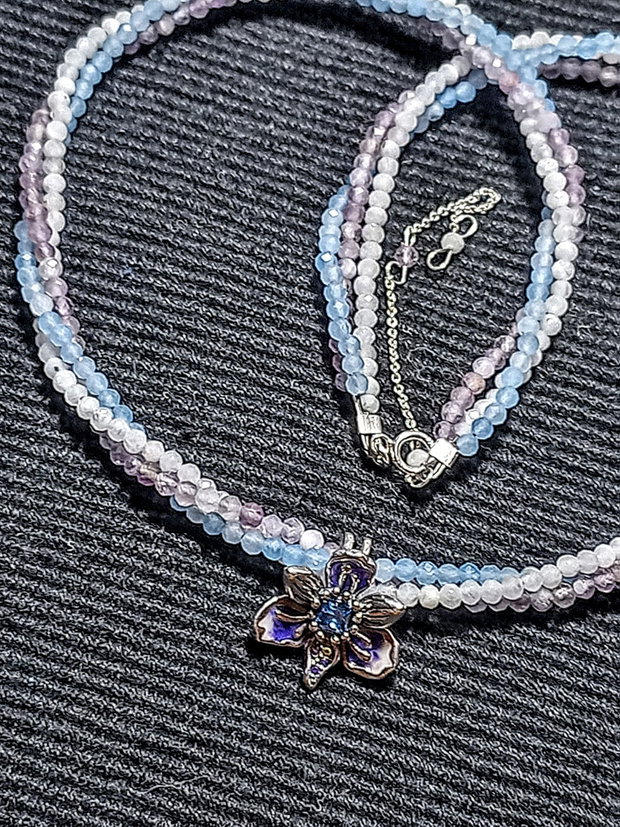 Colier argint X3 acvamarin ametist piatra lunii charm argint emailat zirconii orhidee floare minimalist pastel boho chic trendy - Transport gratuit