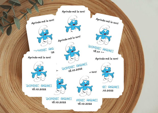 Etichete artificii tort personalizate tematică Ștrumf