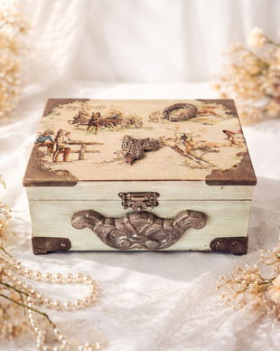 Cutie din lemn decorată manual  tematică Western, stil vintage-rustic