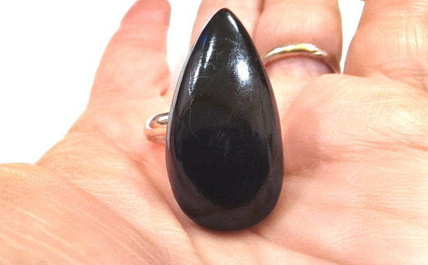 Inel Purpurit negru cu reflexii mov si Argint 925 - IN1140 - Inel negru, inel lacrima, inel pietre semipretioase, inel reglabil piatra mare, cadou sotie, cristaloterapie, cristale vindecatoare, cristale de colectie