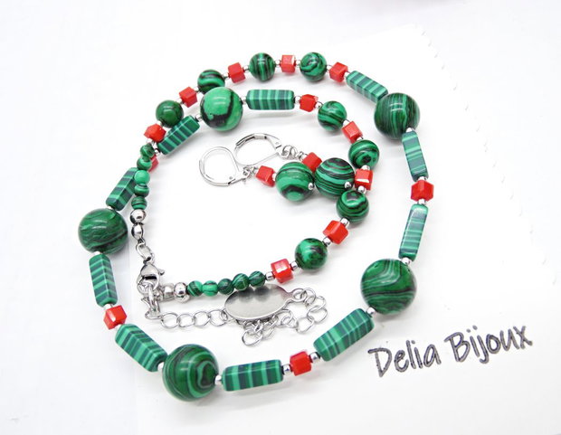 Set bijuterii handmade - malachit si sticla (cod1375)