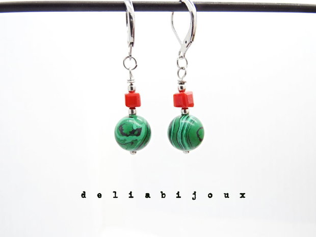 Set bijuterii handmade - malachit si sticla (cod1375)