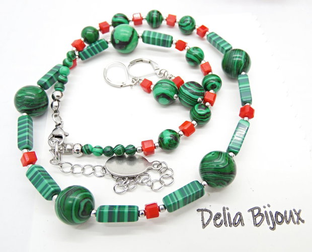 Set bijuterii handmade - malachit si sticla (cod1375)