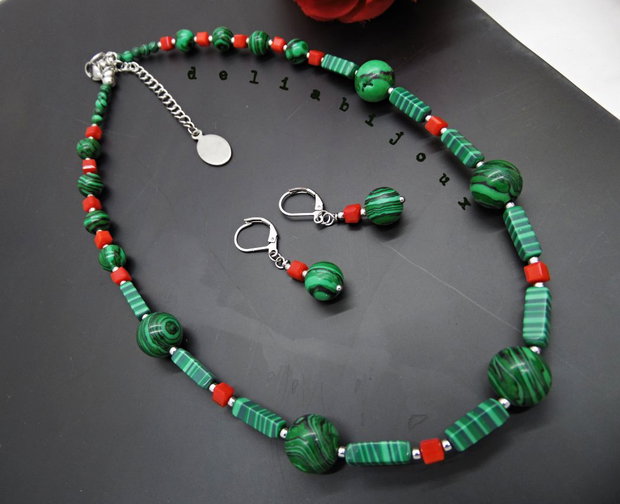 Set bijuterii handmade - malachit si sticla (cod1375)