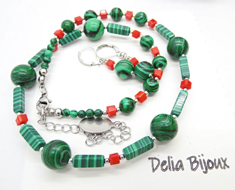 Set bijuterii handmade - malachit si sticla (cod1375)