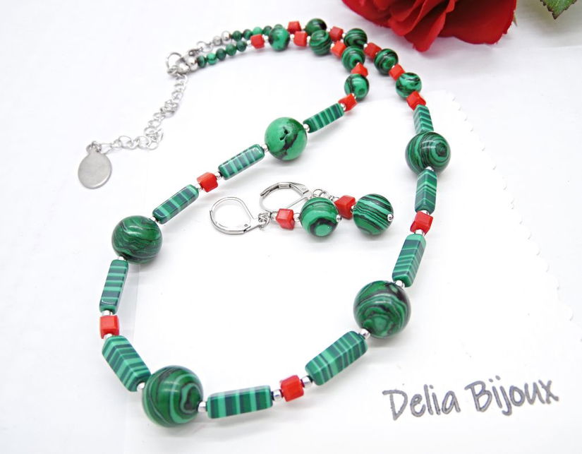 Set bijuterii handmade - malachit si sticla (cod1375)