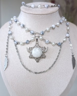 Set bijuterii handmade cu Howlit, colier, cercei și brățară, oțel inoxidabil