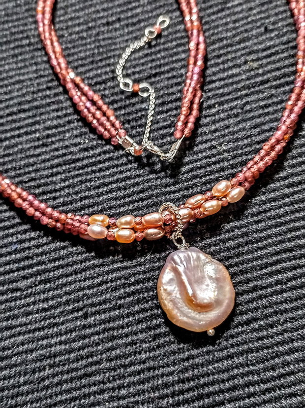Colier argintr X3 granat perle naturale de cultura bob de orez baroc somon minimalist boho chic trendy - Transport gratuit