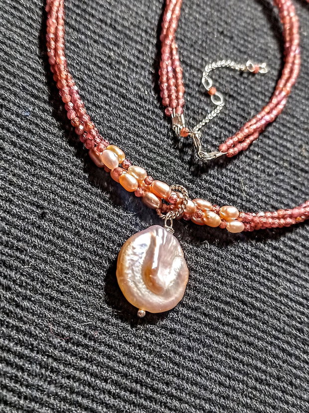 Colier argintr X3 granat perle naturale de cultura bob de orez baroc somon minimalist boho chic trendy - Transport gratuit