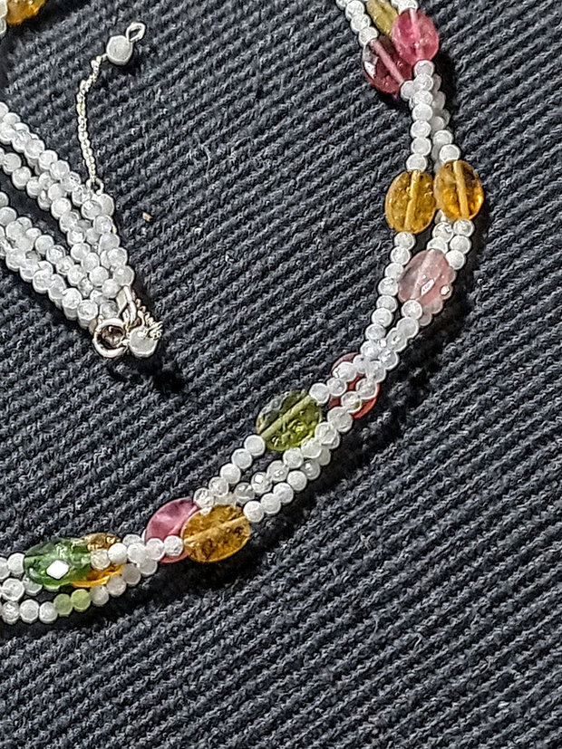 Colier argint X3 piatra lunii turmalina multicolora minimalist boho chic trendy - Transport gratuit