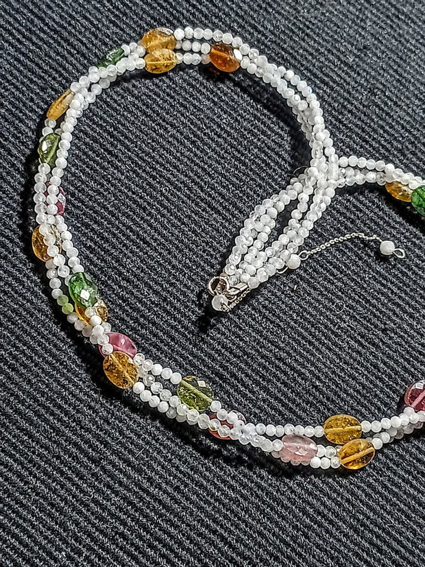 Colier argint X3 piatra lunii turmalina multicolora minimalist boho chic trendy - Transport gratuit