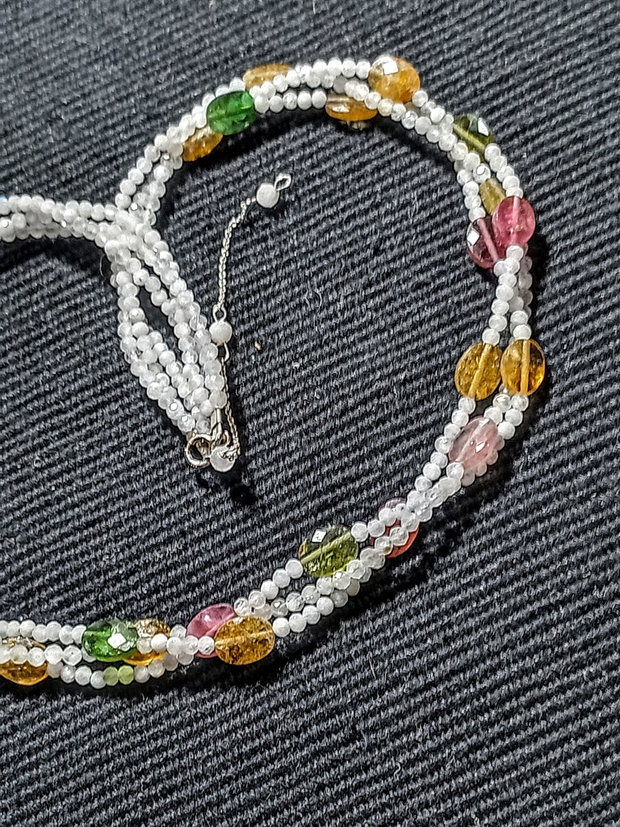 Colier argint X3 piatra lunii turmalina multicolora minimalist boho chic trendy - Transport gratuit